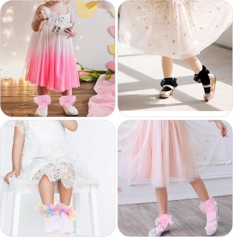 4 Pairs Baby Girls Ruffle Socks Double Lace Frilly Turn Cuff Cotton Dress Socks for Toddler Kids in Saudi Arabia
