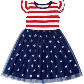 Magic Park 1-10Y Toddler Independence Day Dress Kids+ 4th of July Outfits Girls Patriotic Clothes Red White Blue Dresses