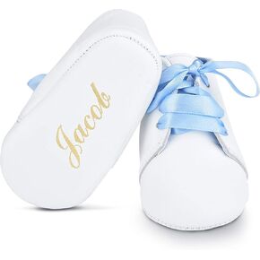 BabyShoe Personalized Baby Boy Christening Shoes - Baptism Leather Lace Up With Hand Embossed Name & Date - Special Occasion Newborn Church With Blue Ribbon - Great Idea