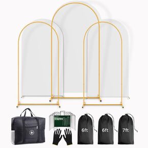 Arch Backdrop Stand Set with Cover,(7.2ft,6ft x 2) Arched Frame Stand & Spandex Wedding Arch Cover & Storage Bag (White, 7.2Ft+6Ft+6Ft)