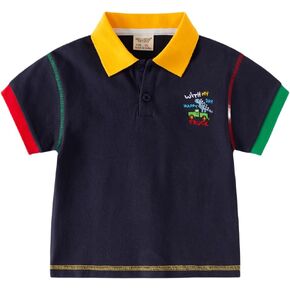 Toddler Baby Boys Color Block Short Sleeve Tops Cute Dinosaur Embroidered Button Polo Shirt