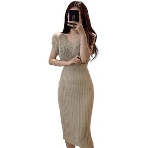 Women's Two-Piece Summer Set, V-Neck Short Sleeve Top with Mid-Length Knit Skirt