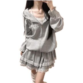 Pokn Women Two Piece Outfit Aesthetic Hoodie Lace Trim Skirt Zip Up Sweatshirt High Waist Layered Mini Skirts