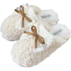 Fuzzy Fluffy Warm Lace Bow Slippers Comfy Autumn Winter Slippers, Cozy Cute Plush Winter Indoor Outdoor