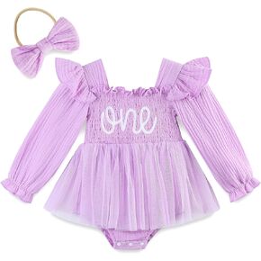Baby Girl 1st Birthday Outfit Girls One Year Old Tulle Dress Infant Long Sleeve Romper Clothes for First Birthday