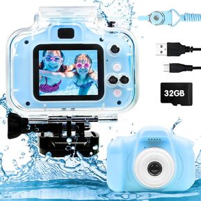 Kids Camera Waterproof Digital Camera for 3 4 5 6 7 8 9 Year Old Kids Birthday 1080P Children Digital Underwater Sports Camera HD Video Toddler Camera Toy with 32GB Card, Blue