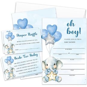يدعو Blue Elephant Baby ، ودعوات استحمام الطفل للصبي ، وبطاقات السحب حفاضات حفاضات الحفاضات ، وبطاقات طلب الكتب ، تملأ فارغة (25 جهاز كمبيوتر شخصي)/BB Set-03