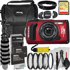 SSE Olympus Tough TG-7 Digital Camera Bundle (Red) - Includes: 64GB Extreme Memory Card, 2X Replacement Batteries & More (25pc Bundle)