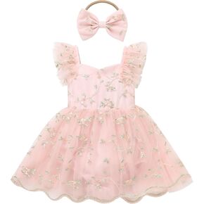 ODASDO Baby Girls Floral Embroidery Tulle Tutu Romper Dress Headband Set for First Birthday Party Cake Smash Wedding
