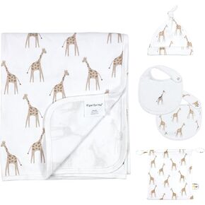 Newborn Swaddle Set with Matching Hat and Bibs Set,5 Pack Nature Cotton Baby Receiving Blankets Nursery Swaddle Wrap Little Giraffe Baby Blanket with a Portable Bag
