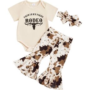 Newborn Baby Girl Western Outfits My First Rodeo Short Sleeve Romper Cow Print Flared Pants Set Country Clothes