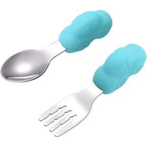 ERINGOGO 1Pair Stainless Steel Short Handle Fork and Spoon for Training Tableware for Feeding Lightweight Cutlery for Boys