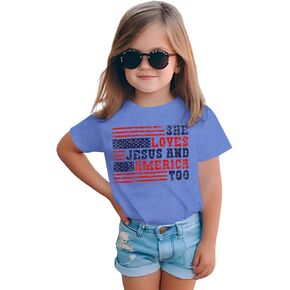 Modntoga Toddler Girl 4th of July قميص وطني تحب يسوع وأمريكا أيضًا