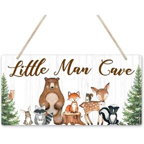 Uflashmi Wood Liitle Man Cave Sign, Woodland Animal Nursery Wall Decor for Baby Boys Room, Woodland Theme Nursey Room Decor for Toddler Boy, 12"x6"