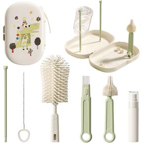 Bottle Brush Set - Baby Bottle Cleaner Kit with Silicone Brush, Nipple Brush, Straw Brush, Soap Dispenser, Drying Rack - 7 in 1 Bottle Cleaning Tool for Home and Travel, Green