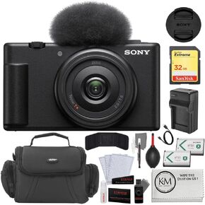 Sony ZV-1F Vlogging Camera | Black Bundle with 64GB Memory Card + Cleaning Cloth + 12" Flexipod + Spare Battery & Charger + Camera Bag + 5-Piece Cleaning Kit (8 Items)