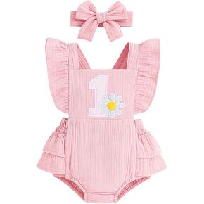 Winmany Baby Girl First Birthday Outfit 1st Birthday Sweet Cotton Romper With Headband Cake Smash Photo Shoot Clothes