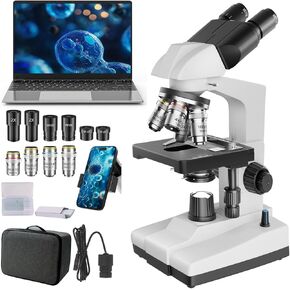 Professional Trinocular Microscope 40X-5000X Magnification, Microscope for Adults, Laboratory Grade with Dual Mechanical Stage and HD USB Camera Microscopio, Complete Slides Set