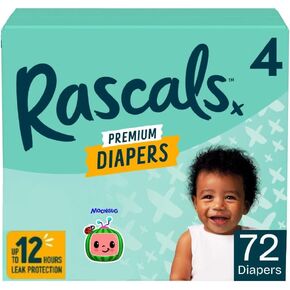 Rascals Premium Baby Diapers Size 4, 72 Count – Hypoallergenic, Ultra Absorbent, Leak-Proof, Fast-Dry Layer, High-Back Waistband, Unisex Disposable Diapers