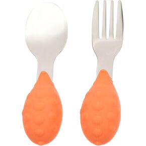 1set Boy Girl Silicone and Stainless Steel Fork and Spoon Cutlery for Dining and Easy to Clean Utensils for Learning to Eat