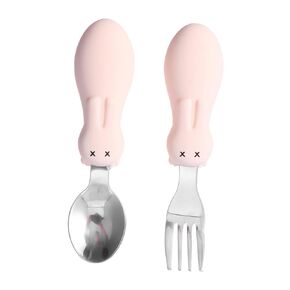 Kisangel 1 Set Spoon Fork Set Short Handle Utensils for Boy Girl Durable Cartoon Rabbit Design for Training
