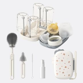 TPE & Silicone Travel Baby Bottle Cleaning Kit, 6-in-1 Baby Bottle Cleaner Brush Set with Breast Pump Cleaning, Nipple Brush, Straw Brush, Soap Dispenser, Portable Drying Rack, Baby Travel Essential