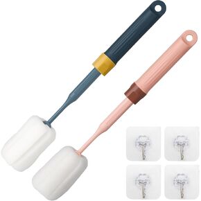 Sponge Bottle Brush Set Adjustable Long Handle (Up to 13") High Density Foam Bottle Brush Head Hanging Design with 4 Traceless Hooks for Mugs Glasses Baby Bottles and More (2 Pack)