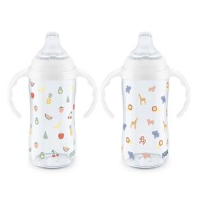 NUK Learner Cup, 8+ Months, Fun Fruits and Animals, Amazon Exclusive Collection, 10 Oz, Pack of 2, BPA-Free, Soft Spout, Spill Proof Sippy Cup