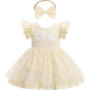 IMEKIS Baby Girls 1st Birthday Outfit Daisy Tulle Dress Headband Summer Ruffle Sleeve Cake Smash Photo Shoot