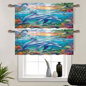2 Panels Cartoon Dolphin Coral Window Valances, Rod Pocket Cute Ocean Animal Fish Palm Tree Short Curtains Window Treatment for Kitchen, Bathroom, Bedroom Decor, 54" W X 18" L