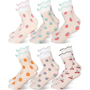 6 Pairs Little Girl Sheer Socks Cute Fruit Pattern Kids Lace Crew Frilly Dress Socks for Summer 4-12 Years Old