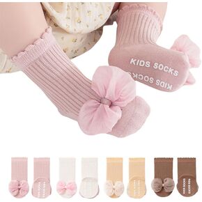 4Packs Baby Girls Socks Bow Non-Slip Grips for Babies Toddler Princess Middle Ankle Socks for Girls