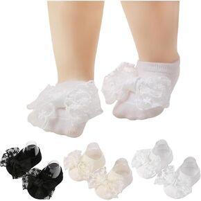 3 Pairs Baby Girls Socks, Lace Bow Non-Slip Grips Sock Toddler Princess Low Cut Ankle Socks for Newborn,Infant