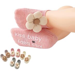 4 Pairs Baby Girls Socks Non-Slip Grips for Newborn Infant Toddler Kids, Floral Flower Princess Low-Cut Ankle Socks with Anti-Slip Grips