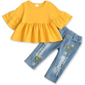 NZRVAWS Baby Girl Clothes Toddler Girl Outfits Infant Ruffle Shirt Denim Ripped Jeans Cute Clothing Set