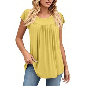 Women's Summer Loose Casual Tops Round Neck Short Sleeve Solid Color Gradient Pleated T-Shirt Plus, S-3XL
