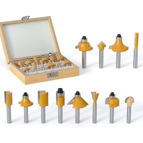 12 Pieces Tungsten Carbide Router Bit Set 1/4 Inch Shank for Beginners Woodwork Tools, Including Dovetail, Chamfer, Straight,Over Round, 90 V Grooving, Raised Panel Router Bit