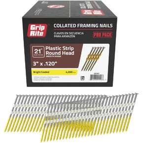 Grip-Rite GR301, 21-degree RH Plastic Strip Collated Fasteners, 3" x .120 Coated Smooth, 4,000 Nails, Reliable and Efficient