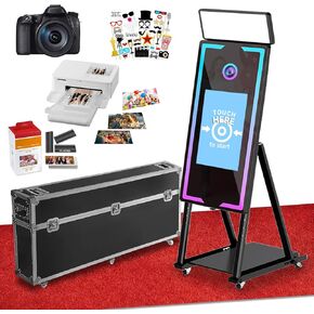 Magic Mirror Photo Booth, 45'' Mirror Photo Booth with Camera and Printer, 22'' Interactive Touch Screen, Built-in Mini PC with Instant Print – Suitable for All Types of Photography Needs (Black)