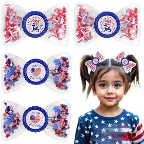CN 4PCS 4th of July Hair Bows for Girls, Red White Blue USA Patriotic Hair Accessories, Amercian Flag Star Bows Clips for Girls Toddlers Teens for Independence Memorial Day Party Dress(Type A)