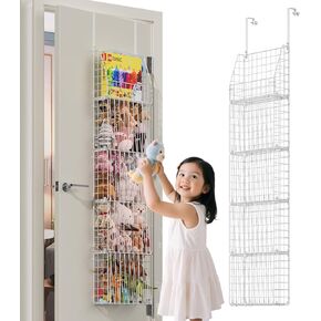 JKsmart Metal Stuffed Animal Storage with Elastic Cord, Metal Over Door Organizer for Toy Storage, 5-Tier Hanging Shelevs for Stuffies, Hanging Plushies Organizer Holder for Kids Room,playroom, White