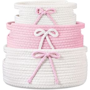 Breling 3 Pieces Coquette Bow Laundry Hamper Cotton Rope Storage Basket Pink White Bow Woven Gift Baskets Rope Bin with Handles for Decoration Organization Storage for Nursery, Pet Toy Basket
