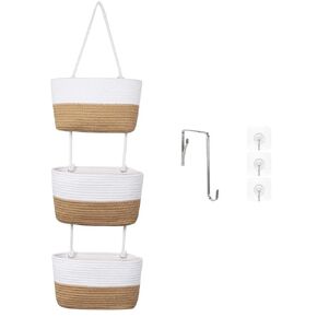 Hanging Baskets for Organizing, 3 Tier Wall Storage Basket, Boho Baby Nursery Organization Decor for Wall, Cotton Rope Over the Door Organizer, Behind Door Toy Storage (Brown)
