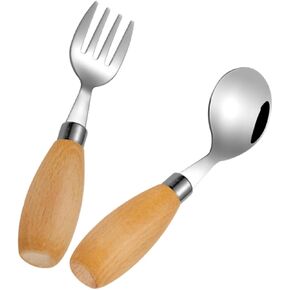 1 Set Silverware Set Stainless Steel Fork Curved Spoon with Handles for Ergonomic Easy to Clean for Learning Travel
