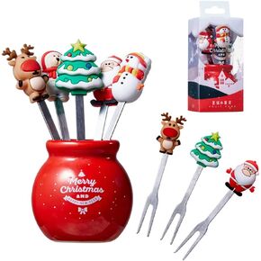 Christmas Fruit Fork, Stainless Steel Cartoon Salad Fork Set with Ceramic Holder, Reusable Kids Fruit Forks with Santa Claus, Elk (As pictures shown)