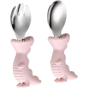 BESPortble 2PCS FORK Spoon أدوات مائدة متينة مع مقابض من الدرجة الغذائية مقاومة للحرارة سهلة التنظيف للتعلم لتناول الطعام