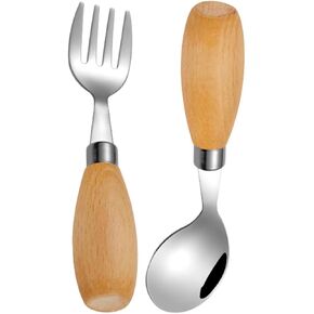 1 Set Dinnerware Utensils Stainless Steel Fork Curved Spoon with Wood Handle Reusable for Learning Self Feeding for Lunch Box