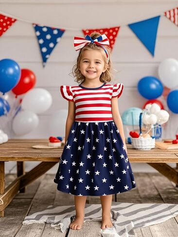 Magic Park 1-10Y Toddler Independence Day Dress Kids+ 4th of July Outfits Girls Patriotic Clothes Red White Blue Dresses in Saudi Arabia