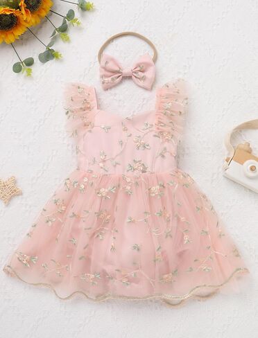 Odasdo Baby Girls Floral Embroidery Tulle Tutu Romper Dress Obder Lead for First Birthday Party Cake Smash Wedding in Kuwait