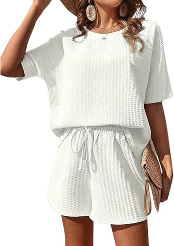 Women's Solid Textured Pocket Shorts Set, Ribbed Textured Knit Casual Short Sleeve Shirts Shorts Two Piece in Saudi Arabia